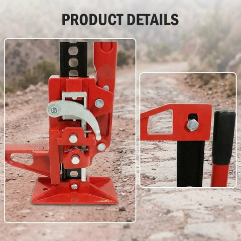 Close-up of 60 Inch Farm Jack With 7000 Lb Capacity Ratcheting High Lift Utility Jack, red and black details on off-road path.