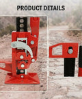 Close-up of 33 Inch 7000 Lbs Farm Jack With Ratcheting High Lift Mechanism showing red bumper lifted on rugged terrain.