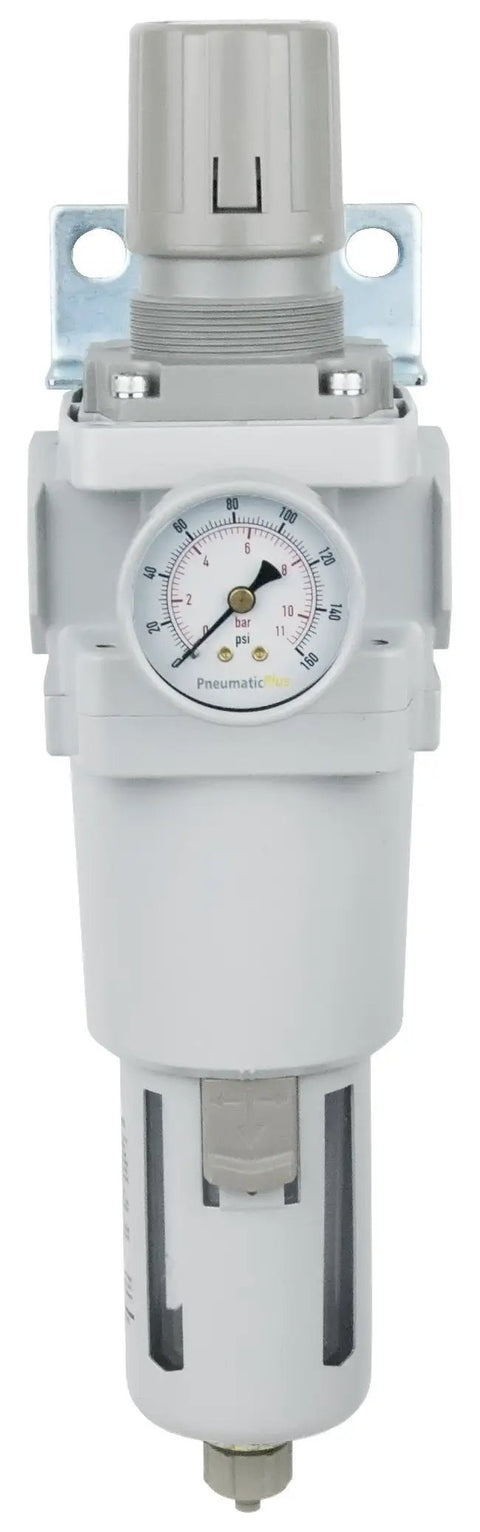 Saw600 N06BG Compressed Air Filter Regulator Piggyback Combo with Poly Bowl, Manual Drain, Attached Gauge, Max 250 PSI