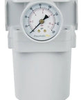 Front view of Beefy Heavy Duty Compressed Air Filter Regulator Piggyback Combo, 3/4 Inch NPT with metal bowl and pressure gauge.