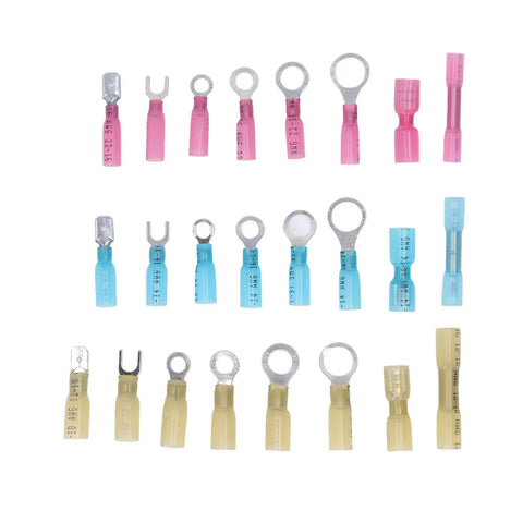 Heavy Duty Insulated Ferrule Crimping Tool Kit With 200 Heat Shrink Wire Connectors For Awg 22 To 10 Seamless Copper Design That Slaps Tight And Keeps Your Gear Running Smooth Without Downtime. assorted insulated ferrule connectors in pink, blue, and yellow