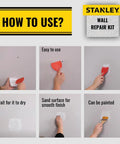 All In One Drywall Patch Kit With No Mix Formula instructions showing application, drying, sanding, and painting steps