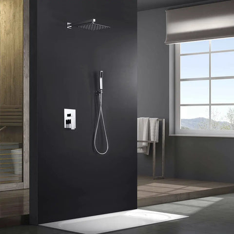 All In One Square Shower System With 10 Inch Rain Shower Head And Handheld Shower Polished Chrome Valve Trim Kit With Pressure Balance Easy Install Modern Bathroom Faucet Set For Home in a modern bathroom setting