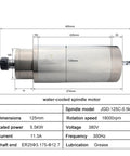 Badass 5.5KW Premium CNC Spindle Motor With Liquid Cooling System Compact ER25 Router side view with dimensions and specifications