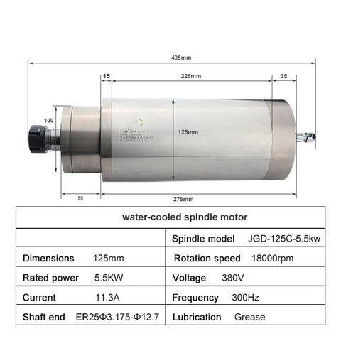 Badass 5.5KW Premium CNC Spindle Motor With Liquid Cooling System Compact ER25 Router side view with dimensions and specifications