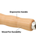 Close-up of Screen Rolling Tool for Window and Door Screens, showing wood handle with ergonomic design and steel roller.