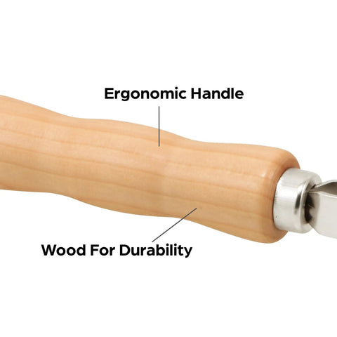 Close-up of Screen Rolling Tool for Window and Door Screens, showing wood handle with ergonomic design and steel roller.