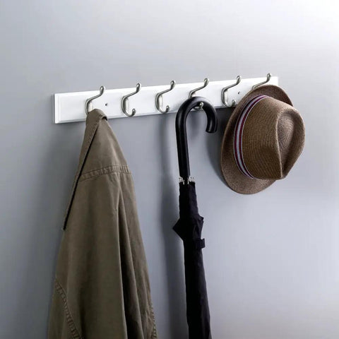 Heavy Duty 27 Inch Coat Rack Wall Mount With 6 Hooks Pure White Hanging Rail with coat, umbrella, and hat