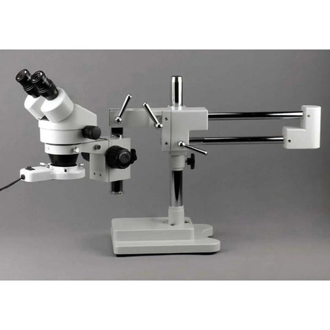 Industrial Stereo Boom Microscope With Fluorescent Ring Light And Beefy Working Distance, binocular 10x eyepieces on boom stand
