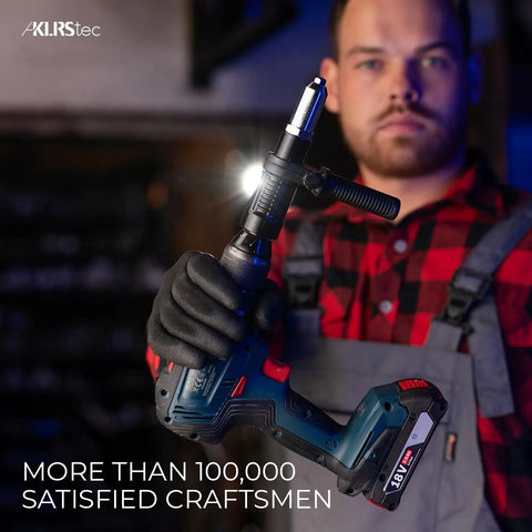 Heavy Duty Rivet Gun Adapter For Drill shown with a cordless screwdriver, designed for fastening 2.4 3.2 4.8 mm pop rivets in metal projects.