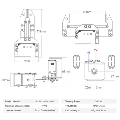 Diagram of Beefy BigClaw Mechanical Gripper For DIY Robots, detailing aluminum construction and dimensions in millimeters.