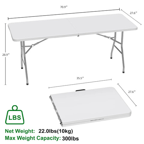 Six Foot Folding Table For Indoor And Outdoor Use Your Go To Portable Plastic Dining Table With Carrying Handle For Picnic Party Camping White Durable One Point Six Inch Thick HDPE Top Waterproof Scratch Resistant Fold In Half For Easy Storage And; shown extended and folded with measurements and weight details.