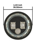 Bottom view of Round Motor Start Capacitor 189 To 227 MFD 250 VAC CD60 showing terminals and diameter measurement