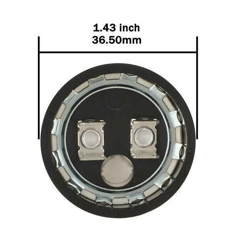Bottom view of Round Motor Start Capacitor 189 To 227 MFD 250 VAC CD60 showing terminals and diameter measurement