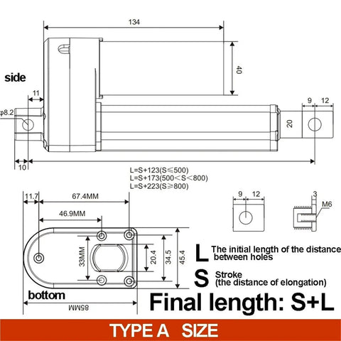 Diagram of Plug And Play 24V Electric Linear Actuator dimensions and specifications for heavy duty applications.