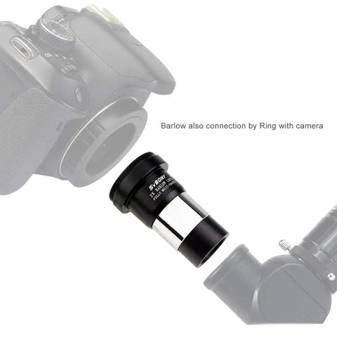 Camera setup showing 2x Barlow Lens for 1.25 Inch Eyepieces With M42 Thread, Multi Coated Broadband Green Film, Telescope Accessory
