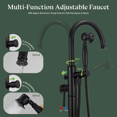 Premium Floor Mount Bathtub Faucet With Removable Sprayer, High Flow Roman Tub Filler Crafted From Solid Brass, Sleek Matte Black Finish That Hits Different To Level Up Your Bathroom Vibe Game