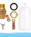 Half Inch Brass Float Valve With Adjustable Arm Automatic Fill And Shut Off For Water Tank Livestock Trough Fountain Pool Or Pond 60 PSI Durable Leak Free Water Level Control Valve components shown
