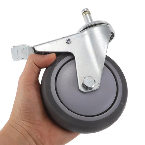Heavy Duty Swivel Caster Wheels 2 Pack Locking Castors in hand, TPR material, gray wheel, steel stem assembly.