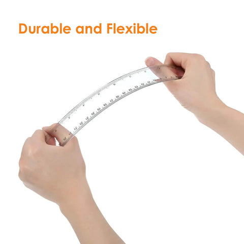 Hands bending a 12-inch clear plastic ruler from the 20 Pack Bulk 12 Inch Clear Plastic Rulers Set With Inches And Metric For Classroom Use Easy To Read Straight Edge Rulers For Students Teachers Home And Office Supplies.
