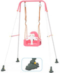 3-In-1 Toddler Swing Set With Metal Stand For Indoor Outdoor Use, Freestanding Swing in Pink and White with Safety Harness