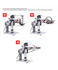 Three angles of Hella Tough Variable Speed Belt Sander With 72 By 2 Inch Sandpaper Belt on foldable stand showcasing motor and grinding wheels.