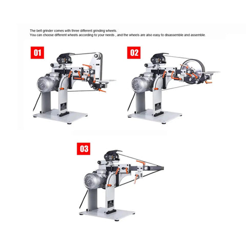 Three angles of Hella Tough Variable Speed Belt Sander With 72 By 2 Inch Sandpaper Belt on foldable stand showcasing motor and grinding wheels.