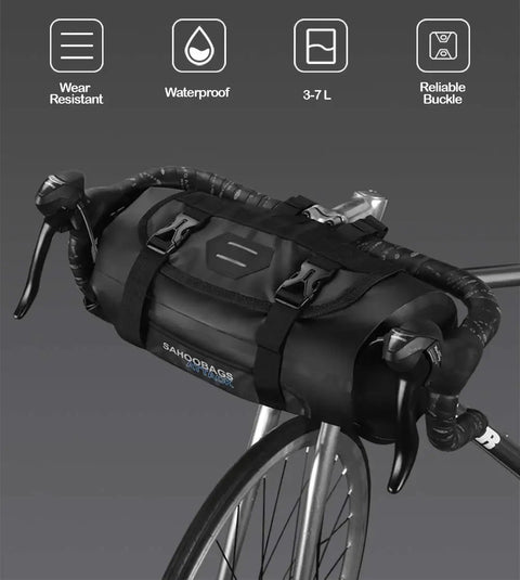 Waterproof Adjustable Capacity Bike Handlebar Bag With Detachable Dry Pack attached to bike, expandable 3L to 7L