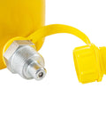 Close-up of yellow hydraulic cylinder with a metal threaded stud and yellow plastic cap.