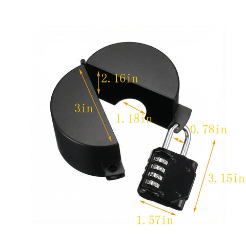Hardcore Gate Valve Locking Device With Password Lock, black metal, dimensions shown, weatherproof, prevents unauthorized water use.