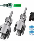 Integrated Internal And External Pipe Threading Tool For Half Inch And Three Quarter Inch Pipes That Quickly Stops Leaks In Home And Industrial Repairs Includes PTFE Tape And Work Gloves For DIY Friendly Pro Grade Performance On The Jobsite with threading tools, foam seal tapes, and gloves visible.