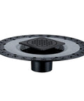 Shower Floor Drain With 12 Inch Flange In Matte Black ABS Construction No Fuss Easy Install For Thin Set Tile 4 Inch Stainless Steel 304 Drain Cover Universal Fit For Standard Shower Trays And Pan Systems. Featuring a circular matte black flange and square stainless steel cover.