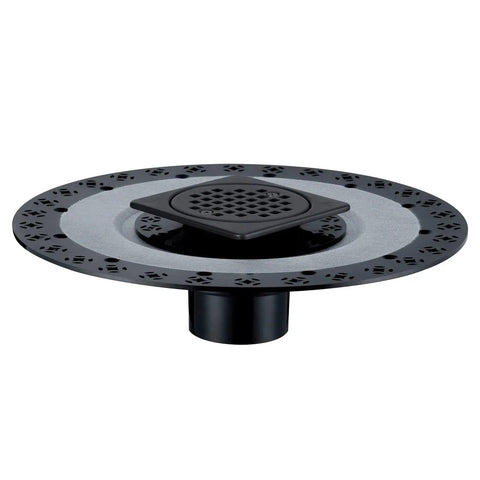 Shower Floor Drain With 12 Inch Flange In Matte Black ABS Construction No Fuss Easy Install For Thin Set Tile 4 Inch Stainless Steel 304 Drain Cover Universal Fit For Standard Shower Trays And Pan Systems. Featuring a circular matte black flange and square stainless steel cover.