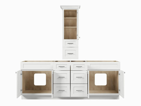 Fresh 90 Double Sink Bathroom Vanity Base Over Countertop Storage Cabinet White Shaker Details with open storage and drawers