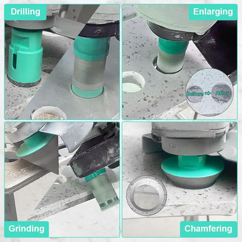 Diamond Hole Saw Kit 7Pc Heavy Duty Pro Grade in action, drilling, enlarging, grinding, chamfering on tile and stone surfaces