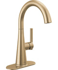 Modern Single Handle Bar Sink Faucet With Smooth Glide Lever And Slick Brushed Gold Finish, side view, single hole mount.