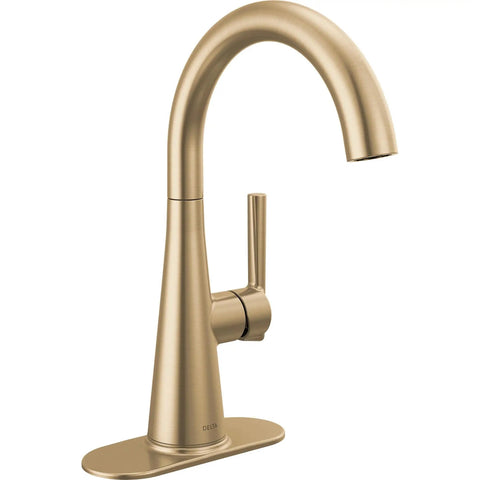 Modern Single Handle Bar Sink Faucet With Smooth Glide Lever And Slick Brushed Gold Finish, side view, single hole mount.