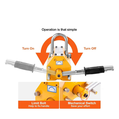 Heavy Duty Permanent Magnetic Lifter 2000Kg Capacity showing control switch and limit bolt for easy operation.