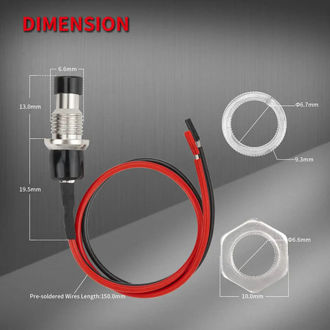 Dimensions diagram of Mini Momentary Push Button Switch 1A 250VAC SPST NO Black Pre Wired 2 Pin for electronics projects.