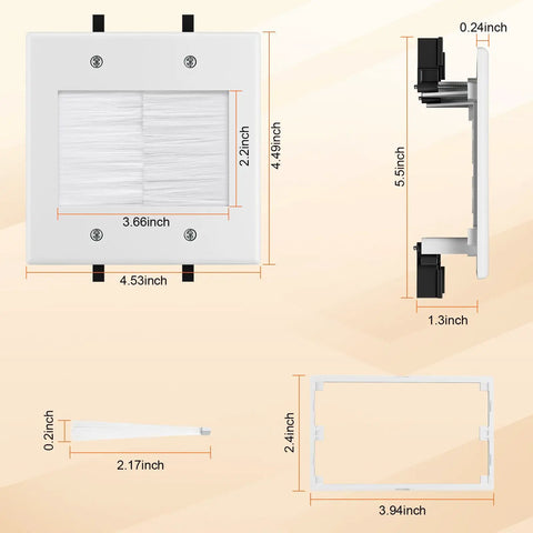Wall Cable Concealer Kit With Brush Wall Plate And Recessed Outlet Box, dimensions shown for seamless home theater setup.