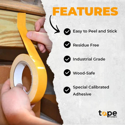 Person peeling off yellow layer of Double Sided Woodworking Tape 6 Pack 1 Inch By 25 Yards For CNC Machines Woodworking Routing And Template Work Pro Grade Heavy Duty Removable Adhesive For Quick Clean Joints And Stable Hold, features listed.