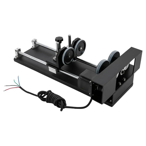 Heavy Duty Carving Rotary Axis Kit With Reliable 2 Phase Motor And Quick 10 To 200 RPM Swaps For Top Tier DIY Etching Jobs On 50W Up To 130W Laser Machines on a black sturdy base.