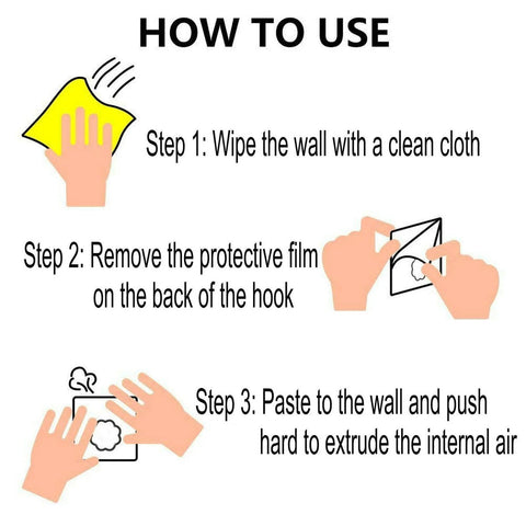 Diagram showing the installation steps for Heavy Duty Self Adhesive Hooks 33Lb Max Transparent Waterproof Wall Hooks.