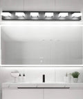 Six Light Modern Matte Black Vanity Light Fixture With Acrylic LED above bathroom mirror and countertop