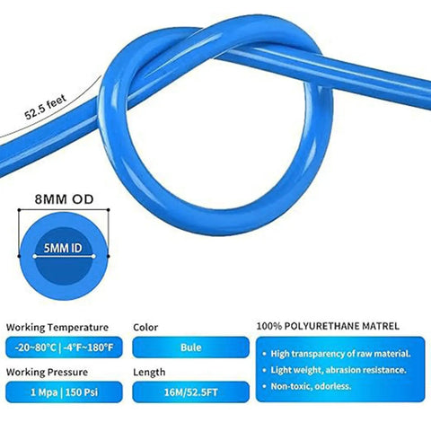 Beefy Blue Air Hose Polyurethane Tubing Anti Kink Strong Air Flow High Powered Works For Compressor Needs All Day Fits Eight MM Size Connections For Pro Work In Any Garage Good blue 8mm OD 5mm ID polyurethane hose, 20m length, coiled