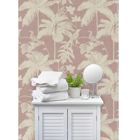 Kicked Up Your Walls With This Dope Tropical Exotic Vinyl Wallpaper Featuring A Solid Leather Texture and Heavy Duty Commercial Grade Durability Custom Printed Just For You. Soft pink backdrop with palm leaves and towels.