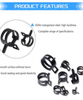 JTAREA Spring Band Hose Clamps Assortment Kit 80 Pieces In 10 Sizes 5mm 6mm 7mm 8mm 9mm 10mm 11mm 14mm 15mm 16mm High Hardness 65Mn Manganese Steel Corrosion Resistant For Secure Pipe Sealing And Easy Press Fit With Pliers shown with features and specifications