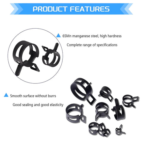 JTAREA Spring Band Hose Clamps Assortment Kit 80 Pieces In 10 Sizes 5mm 6mm 7mm 8mm 9mm 10mm 11mm 14mm 15mm 16mm High Hardness 65Mn Manganese Steel Corrosion Resistant For Secure Pipe Sealing And Easy Press Fit With Pliers shown with features and specifications