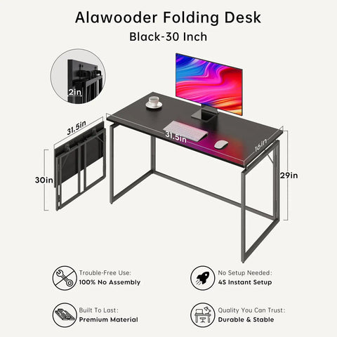 Folding Desk With 31.5 Inch Wood Top For Small Spaces No Assembly Required Compact Home Office Desk with computer and accessories