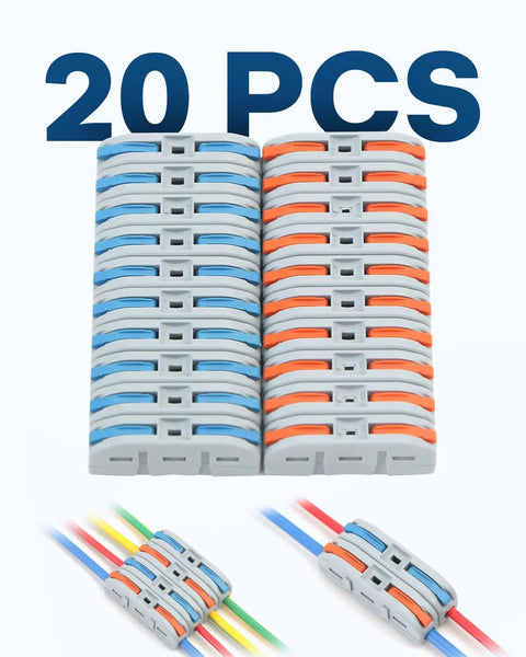Front view of 20 PCS Eugiichr lever wire connectors in blue and orange inline push-in terminals for AWG 28-12.